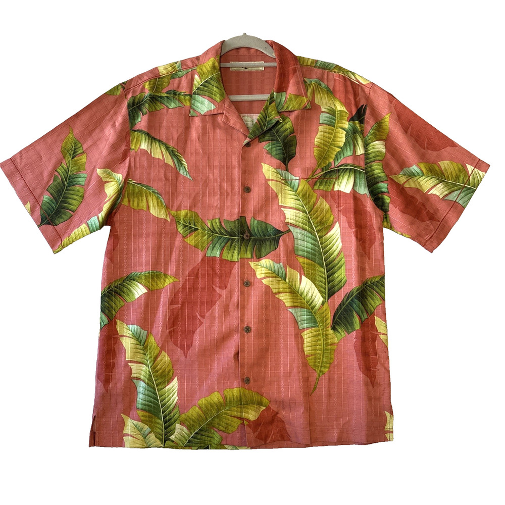 Tommy Bahama Hawaiian 100% Silk Short Sleeve Camp Shirt Mens Size M Coral